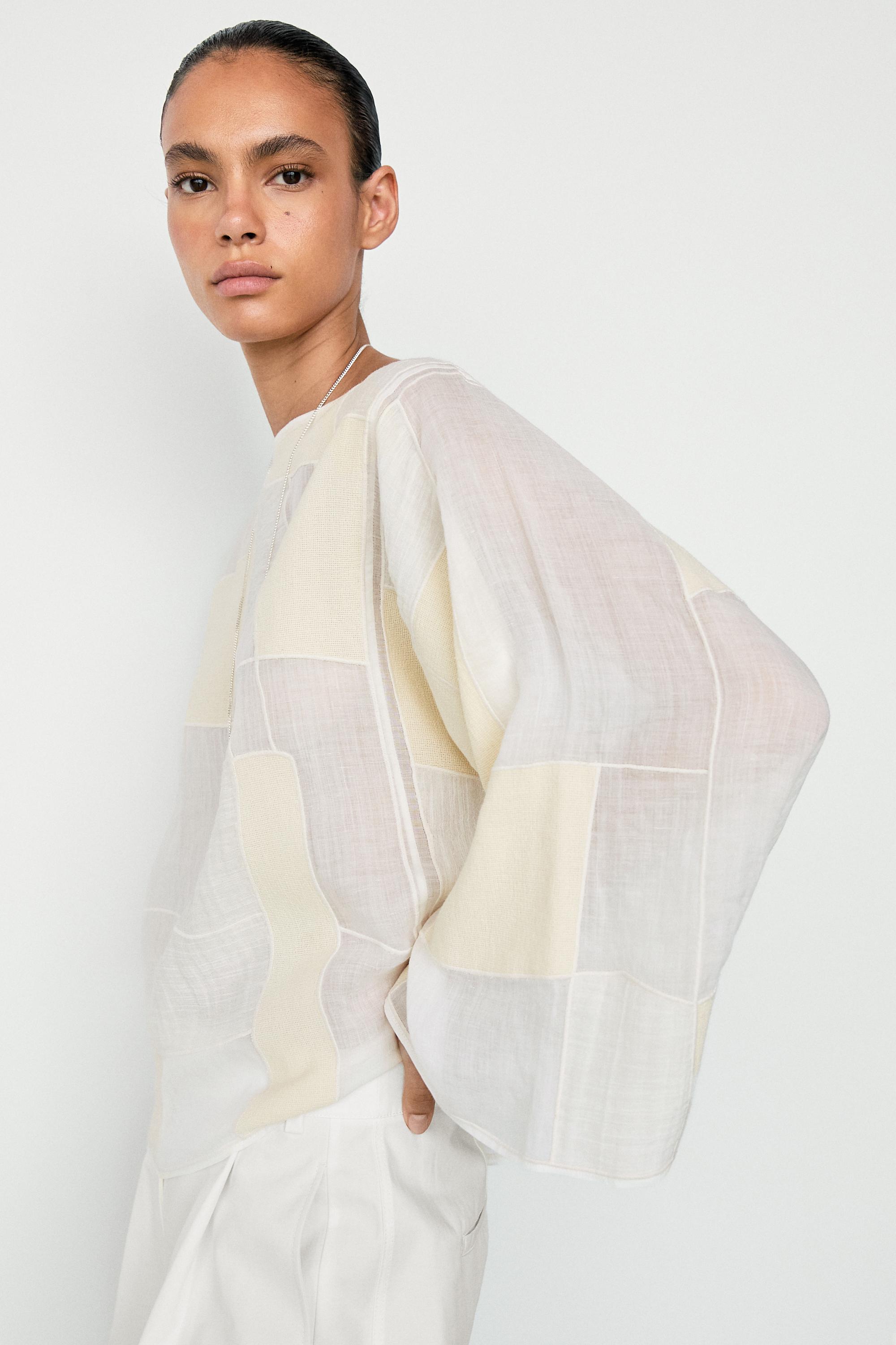 Patchwork print boat neck blouse